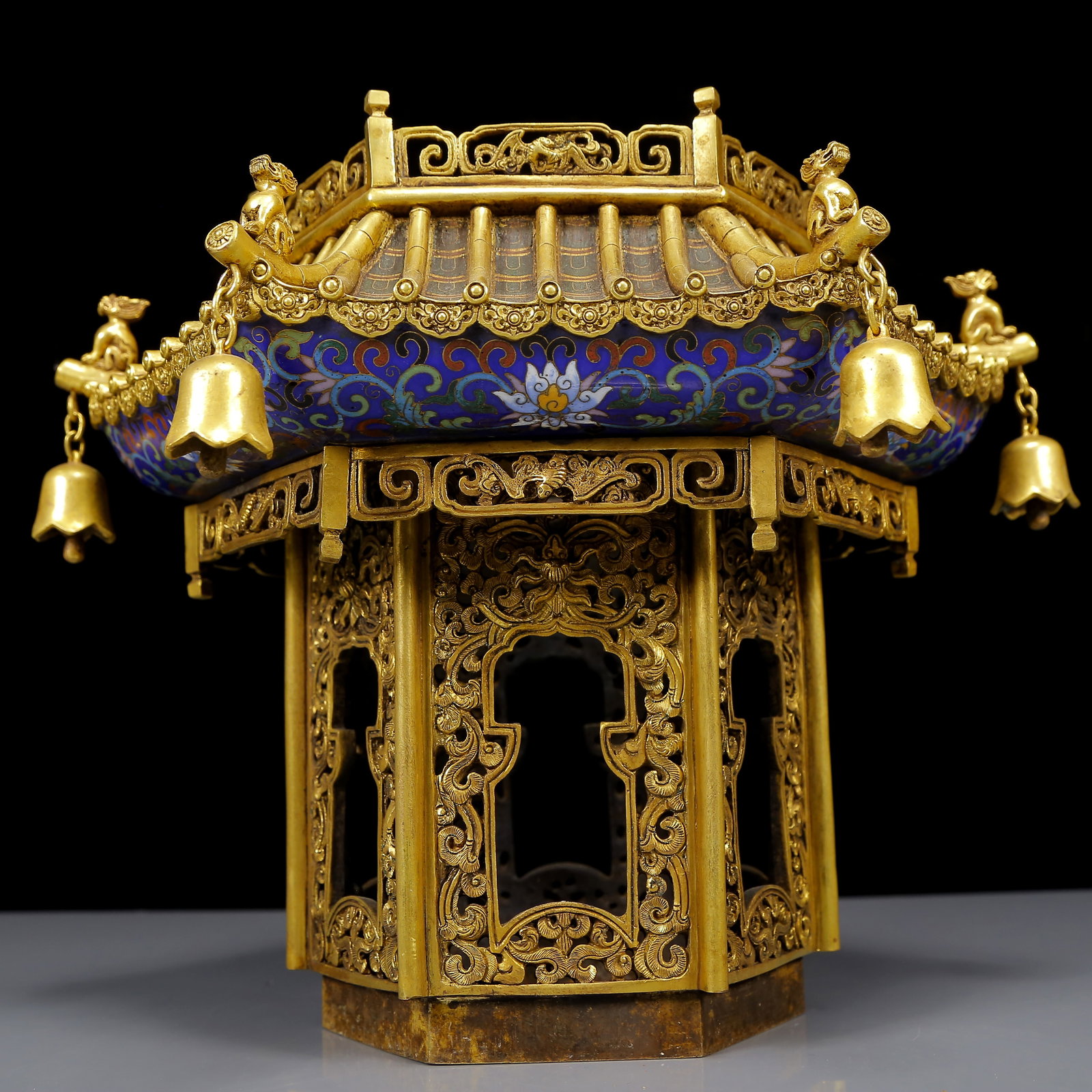 A Pair of Huge Cloisonne Lotus Pattern Double-Ears and Tripod Pagooda-Shaped Censers - 14