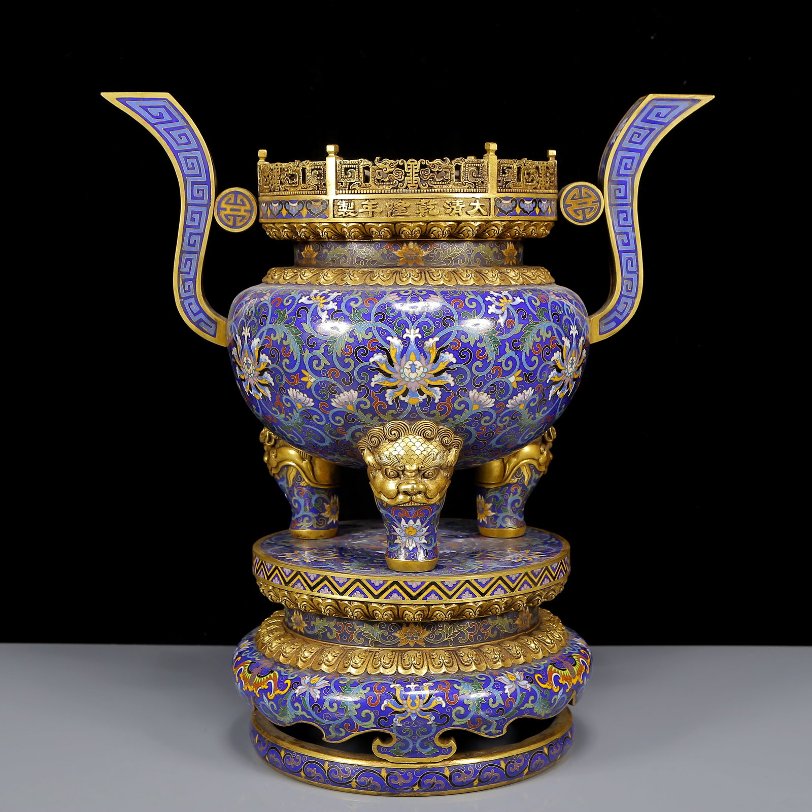 A Pair of Huge Cloisonne Lotus Pattern Double-Ears and Tripod Pagooda-Shaped Censers - 16