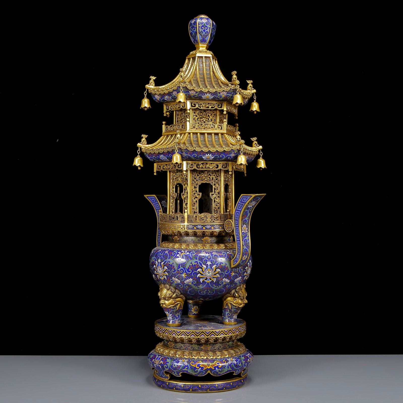 A Pair of Huge Cloisonne Lotus Pattern Double-Ears and Tripod Pagooda-Shaped Censers - 7