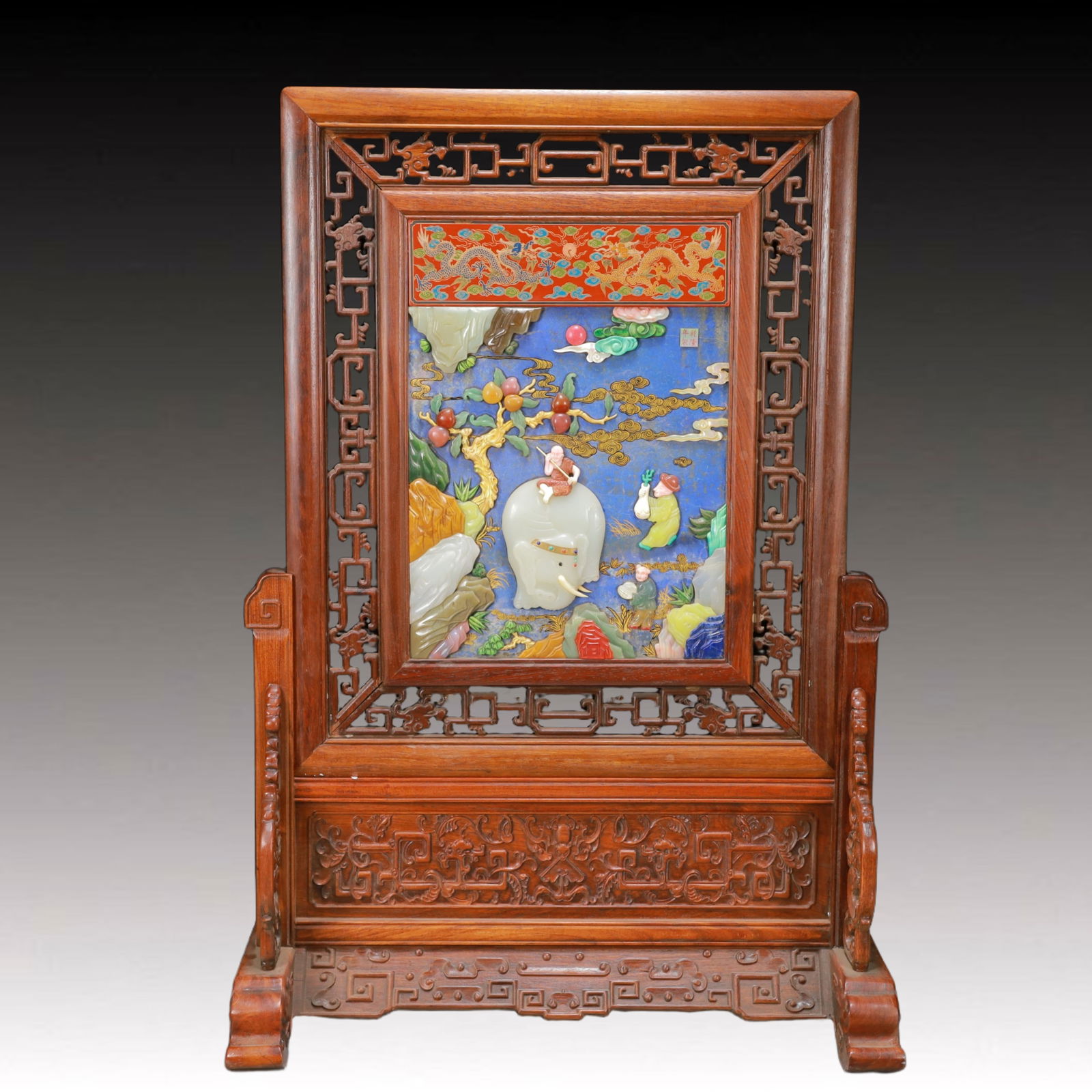 A Exquisite Boxwood Inlaid Gems Dragon Pattern Landscape and Figure Pattern Screen Ornament: A Exquisite Boxwood Inlaid Gems Dragon Pattern Landscape and Figure Pattern Screen Ornament Qing Dynasty, China , Size:18.3inx9.1inx26.4in Weight:6350g 黄杨木嵌百宝