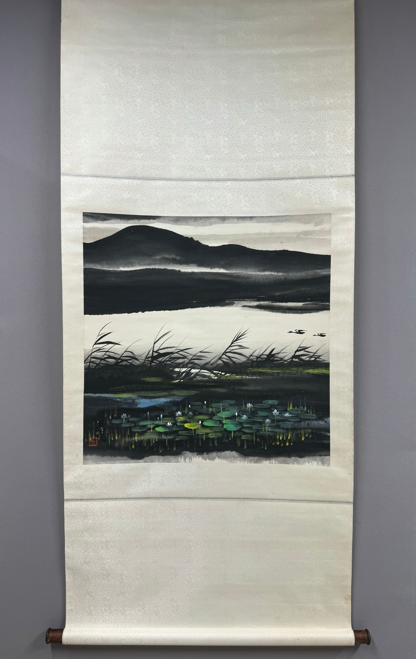 A Chinese Vertical Scroll Ink Painting of Landscape on Paper,Lin Fengmian: A Chinese Vertical Scroll Ink Painting of Landscape on Paper,Lin Fengmian,Size:26.8inx26.8in 