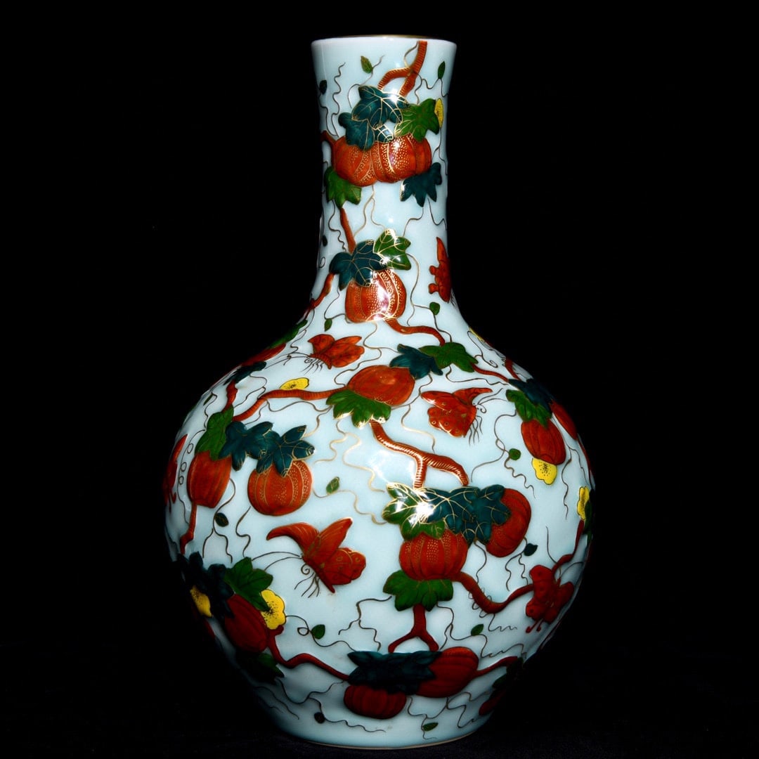 A Rare Celadon Glazed Famille-Rose Painted Gold Pumpkin and Butterfly Pattern Vase: A Rare Celadon Glazed Famille-Rose Painted Gold Pumpkin and Butterfly Pattern Vase,Qing Dynasty, China,Qianlong Six-character Mark,Size:13inx8.3in 青釉粉彩描金Õ