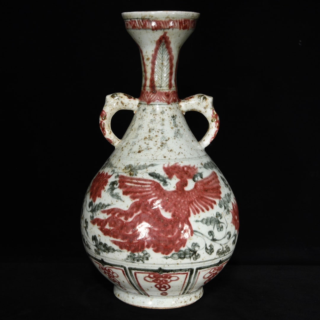 A Rare Blue and White Underglaze-Red Lotus and Phoenix Pattern Double-Ears Vase: A Rare Blue and White Underglaze-Red Lotus and Phoenix Pattern Double-Ears Vase,Yuan Dynasty, China,Size:14inx7.9in 青花釉里红缠枝莲凤纹