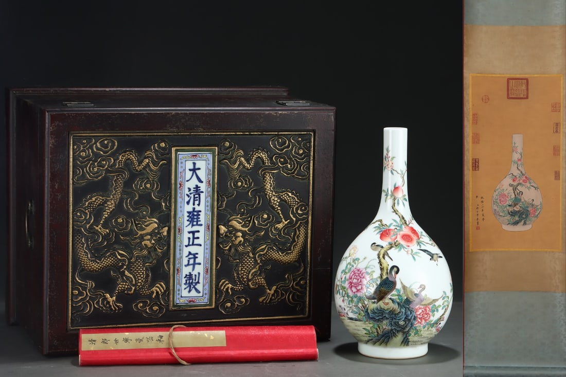 A Rare Famille-Rose Flower and Bird Pattern Vase,With Poem,With Vertical Scroll Painting on Silk: A Rare Famille-Rose Flower and Bird Pattern Vase,With Poem,With Vertical Scroll Painting on Silk,Qing Dynasty, China,Yongzheng Six-character Mark,Size:14.9inx8in,(Without frame)24.4inx12.6in 粉&