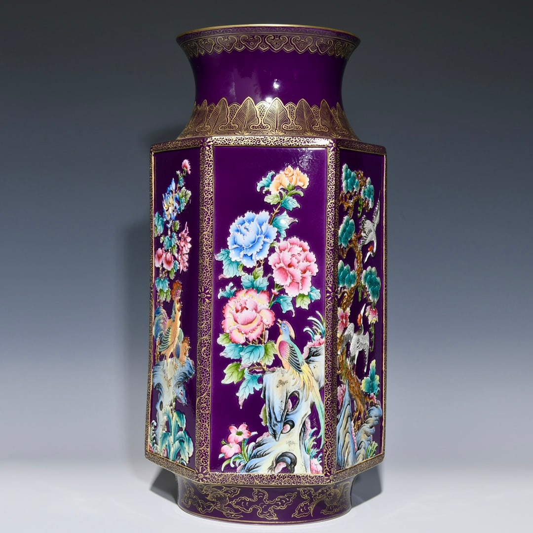 A Huge Purple Glazed Famille-Rose Painted Gold Flower and Bird Pattern Vase: A Huge Purple Glazed Famille-Rose Painted Gold Flower and Bird Pattern Vase,Qing Dynasty, China,Qianlong Six-character Mark,Size:15.9inx7.1in 