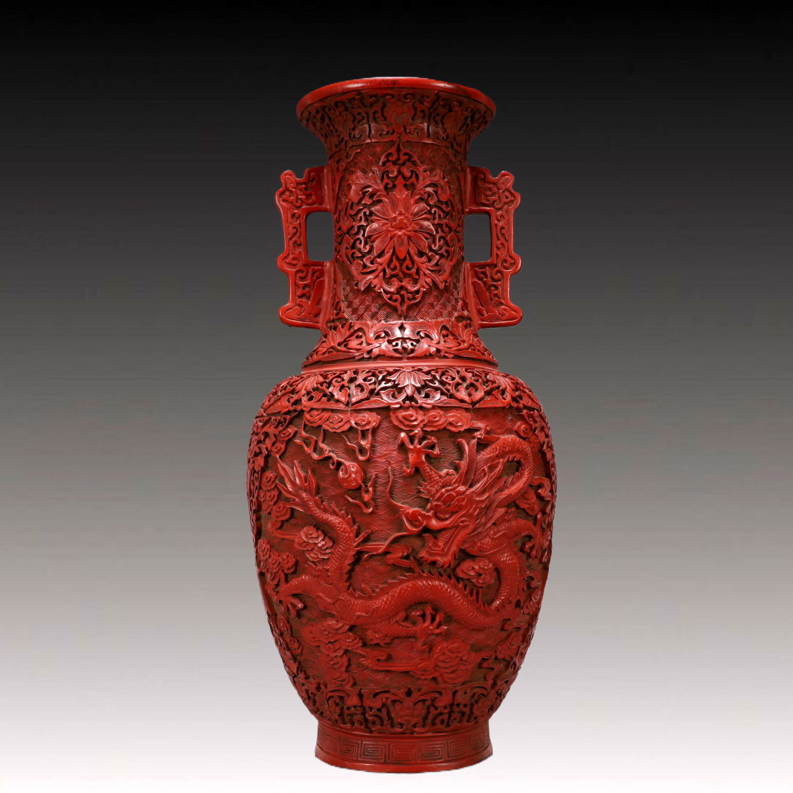 A Exquisite Carved Red Lacquer Lotus Pattern Dragon Pattern Double-Ears Vase - 10