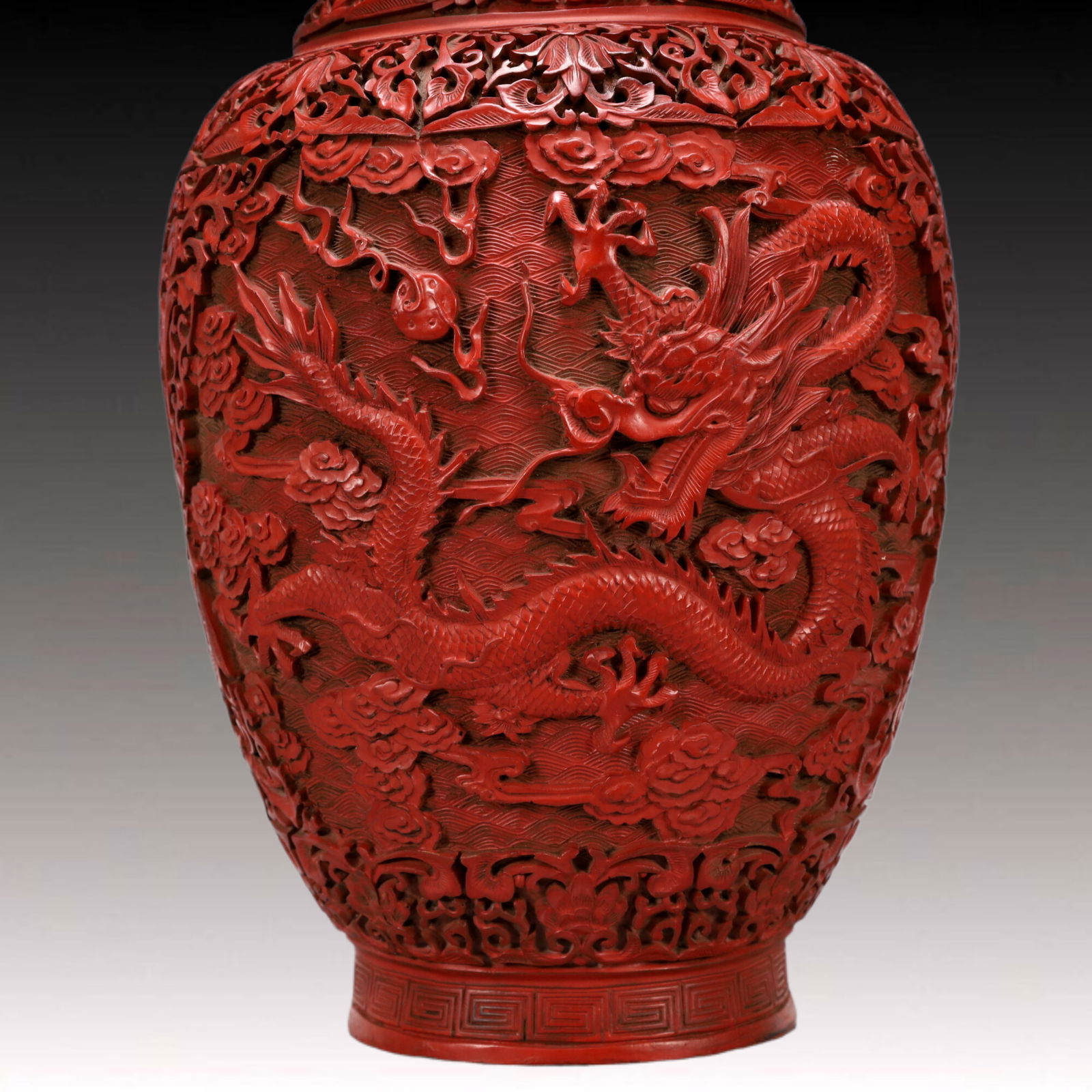 A Exquisite Carved Red Lacquer Lotus Pattern Dragon Pattern Double-Ears Vase - 12