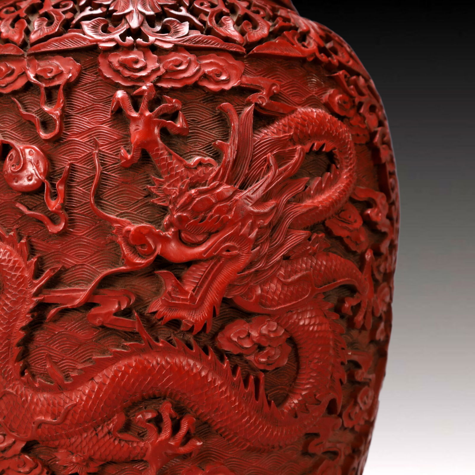 A Exquisite Carved Red Lacquer Lotus Pattern Dragon Pattern Double-Ears Vase - 13