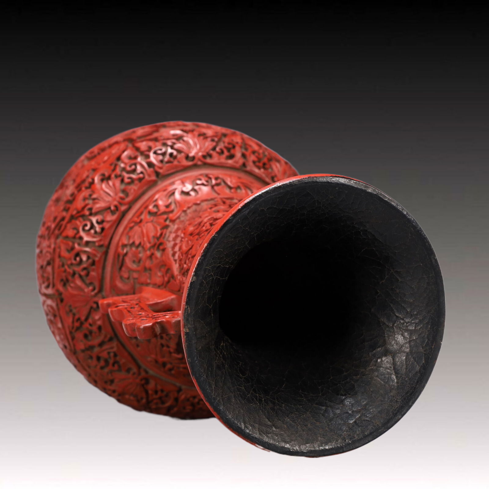A Exquisite Carved Red Lacquer Lotus Pattern Dragon Pattern Double-Ears Vase - 14