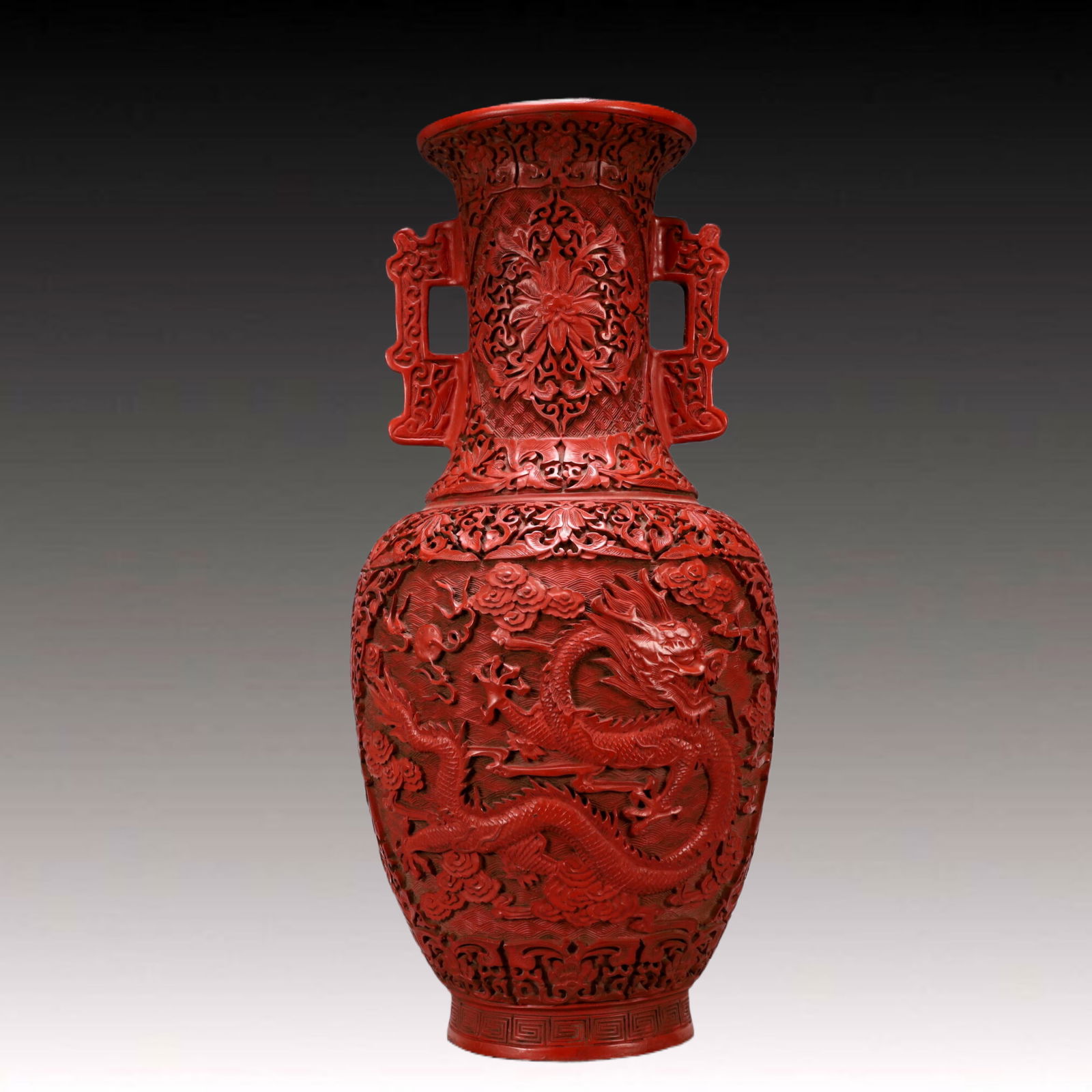 A Exquisite Carved Red Lacquer Lotus Pattern Dragon Pattern Double-Ears Vase: A Exquisite Carved Red Lacquer Lotus Pattern Dragon Pattern Double-Ears Vase , Qing Dynasty, China Qianlong Six-character Mark , Size:7.9inx7.9inx17.7in Weight:2800g 