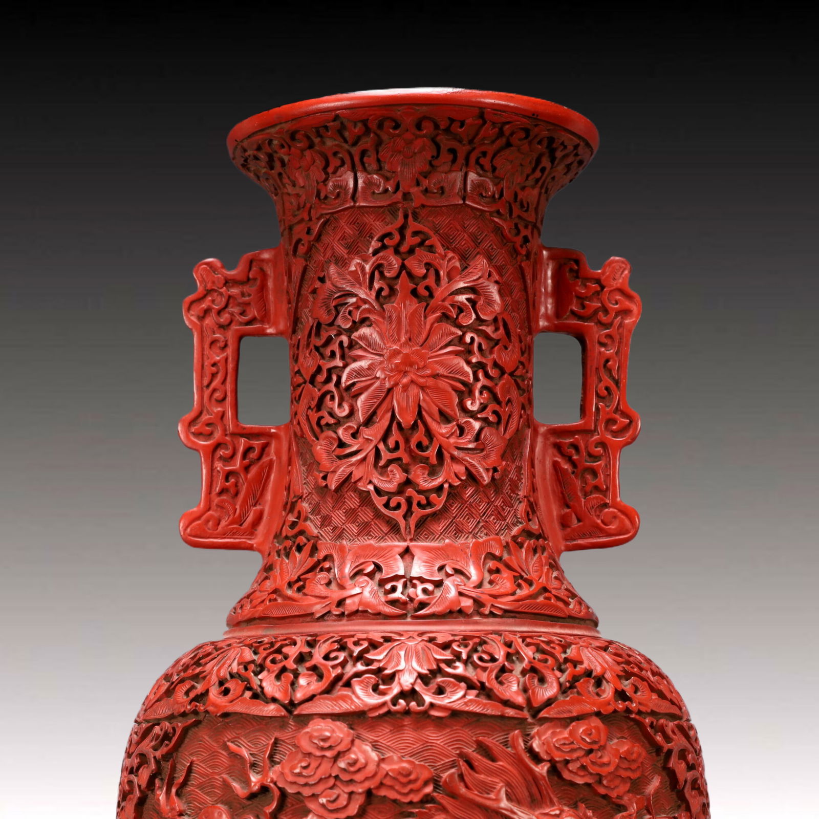 A Exquisite Carved Red Lacquer Lotus Pattern Dragon Pattern Double-Ears Vase - 2
