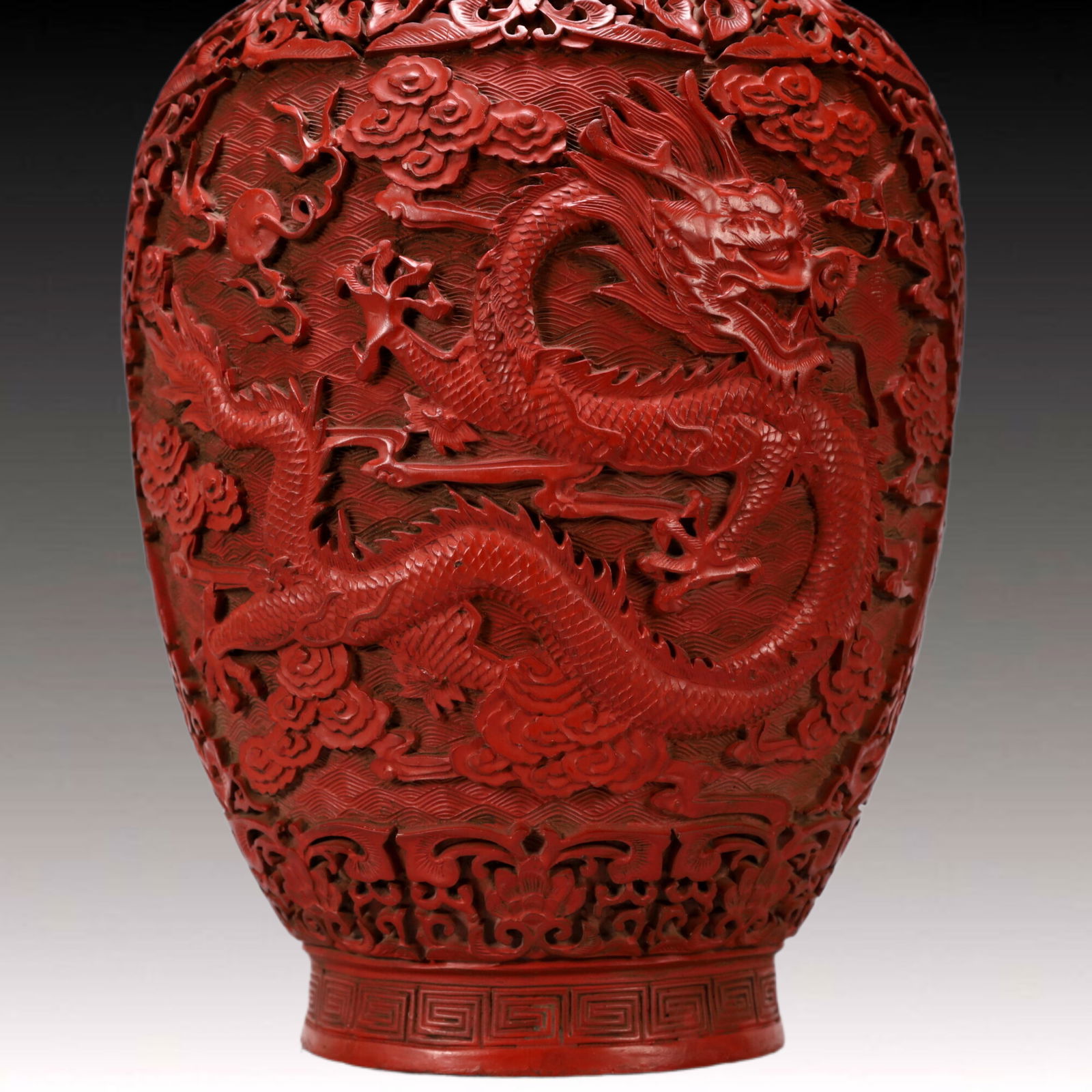 A Exquisite Carved Red Lacquer Lotus Pattern Dragon Pattern Double-Ears Vase - 3