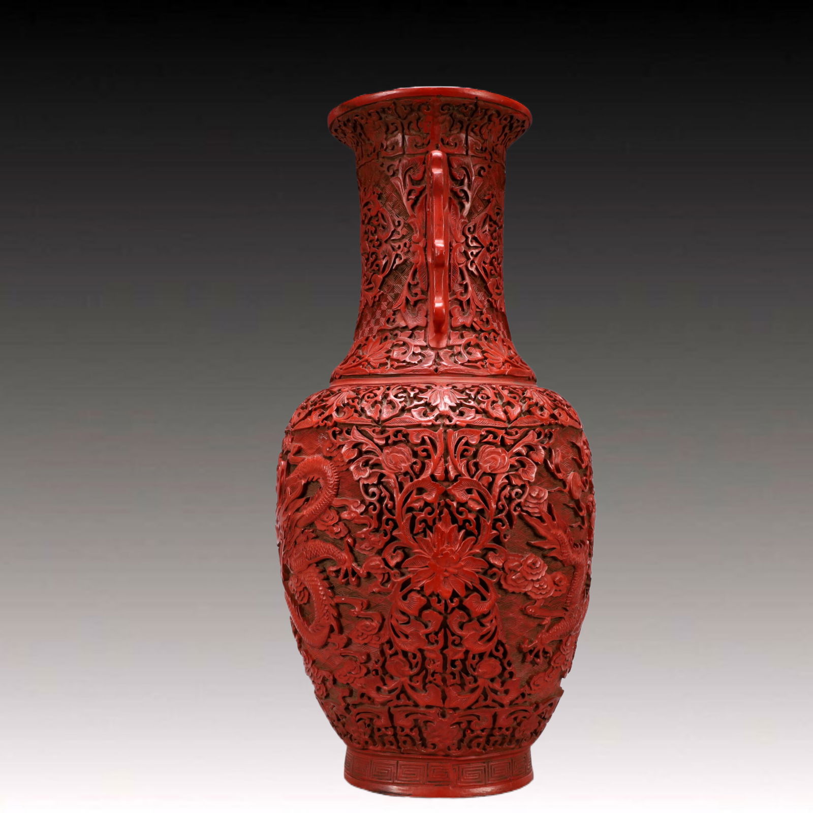 A Exquisite Carved Red Lacquer Lotus Pattern Dragon Pattern Double-Ears Vase - 4