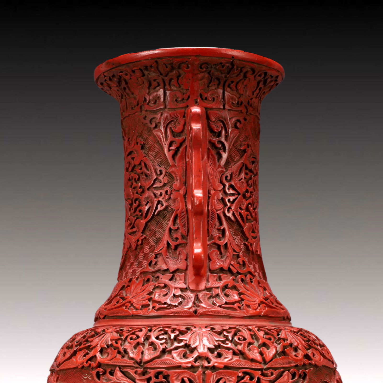 A Exquisite Carved Red Lacquer Lotus Pattern Dragon Pattern Double-Ears Vase - 5