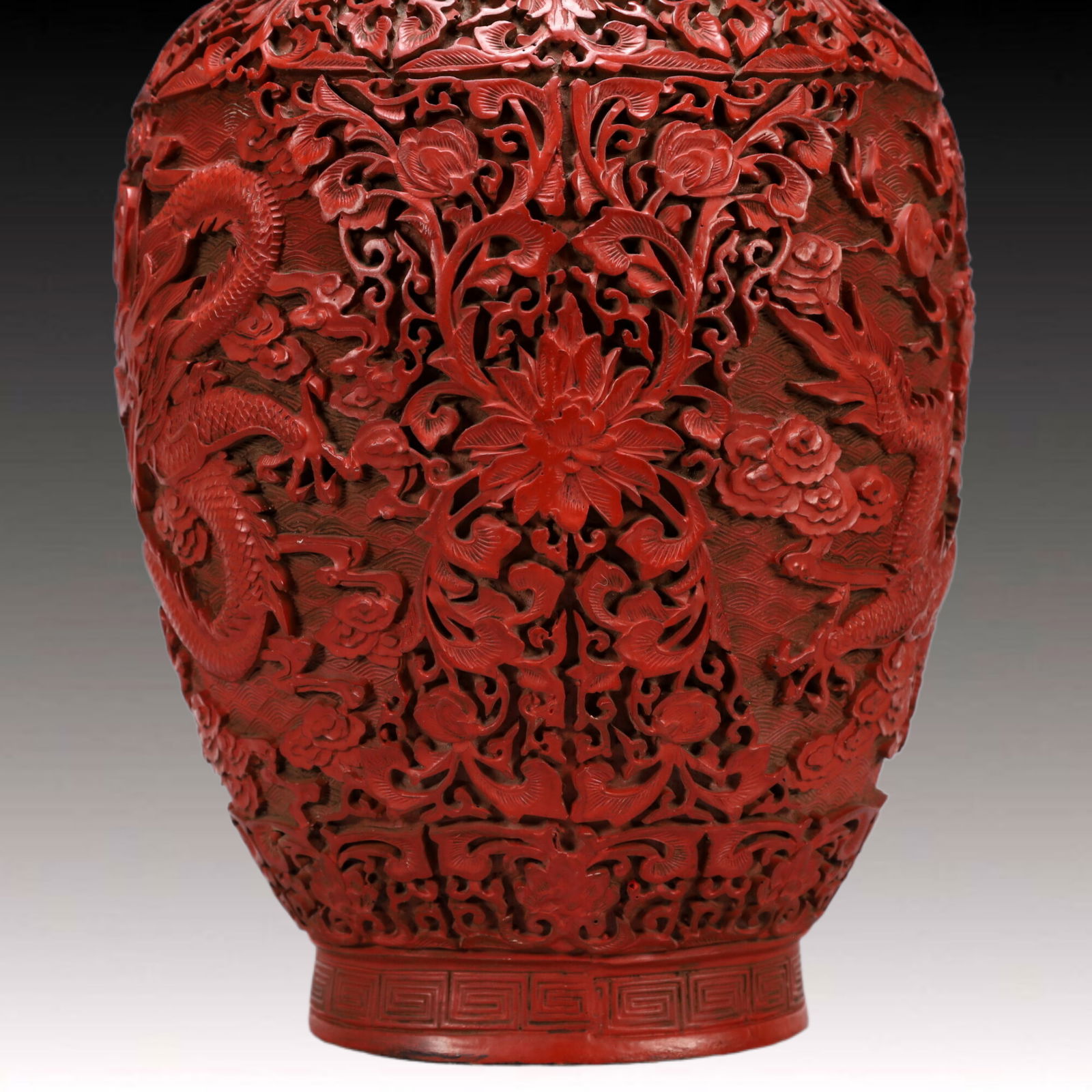 A Exquisite Carved Red Lacquer Lotus Pattern Dragon Pattern Double-Ears Vase - 6