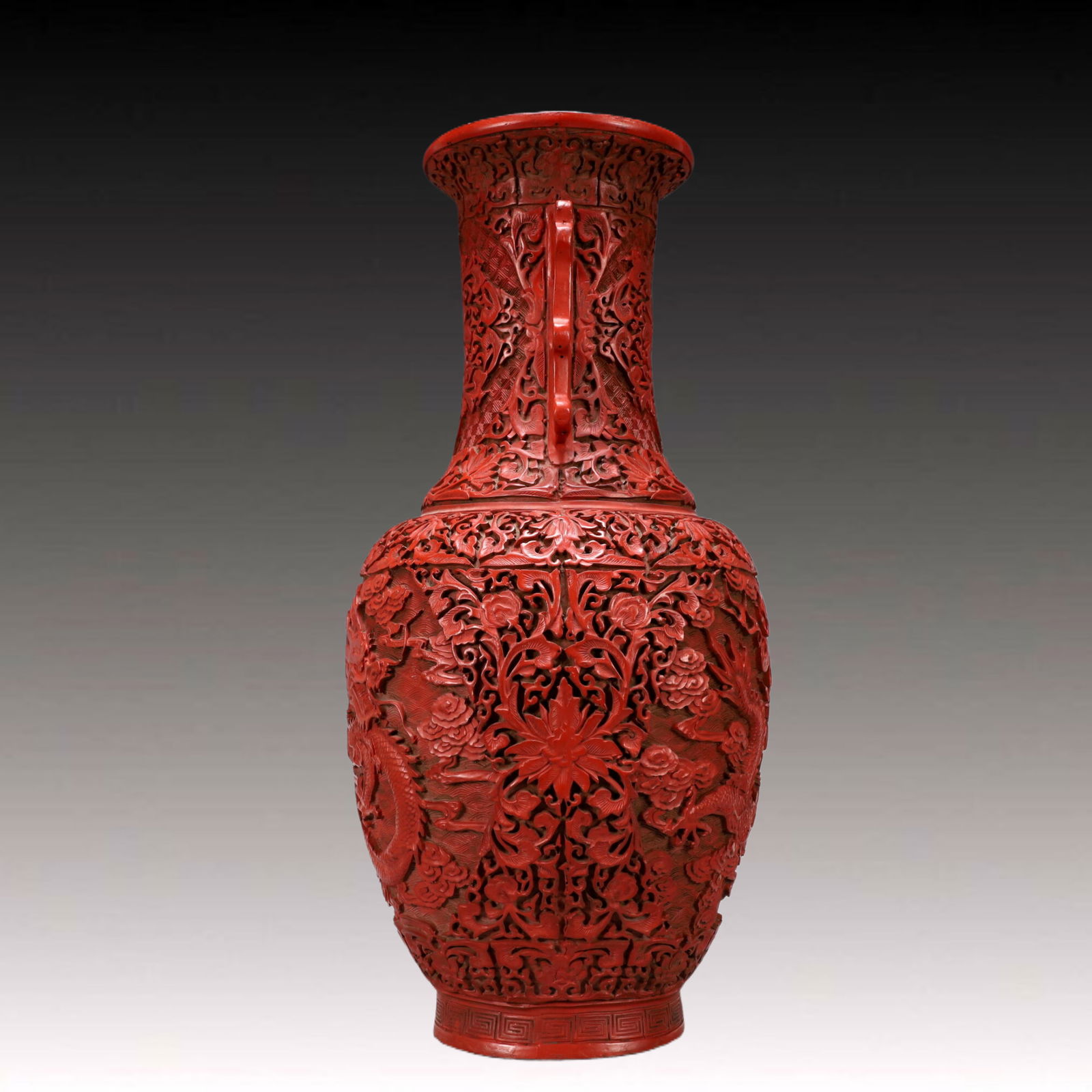 A Exquisite Carved Red Lacquer Lotus Pattern Dragon Pattern Double-Ears Vase - 7