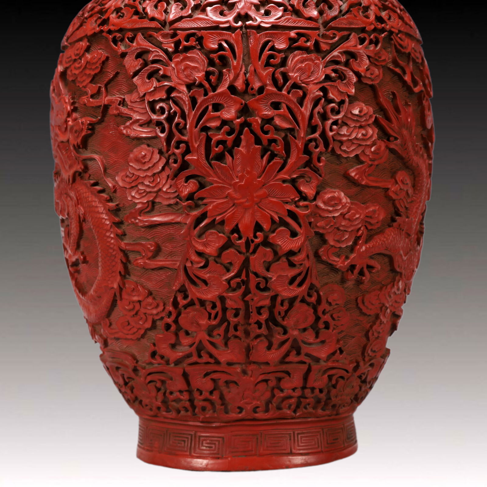 A Exquisite Carved Red Lacquer Lotus Pattern Dragon Pattern Double-Ears Vase - 9
