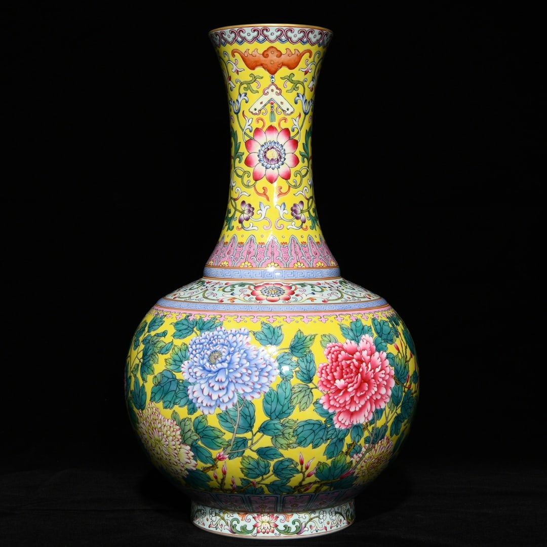 A Rare Yellow Ground Famille-Rose Painted Gold Peony Pattern Vase: A Rare Yellow Ground Famille-Rose Painted Gold Peony Pattern Vase,Qing Dynasty, China,Yongzheng Six-character Mark,Size:15.4inx9.4in 