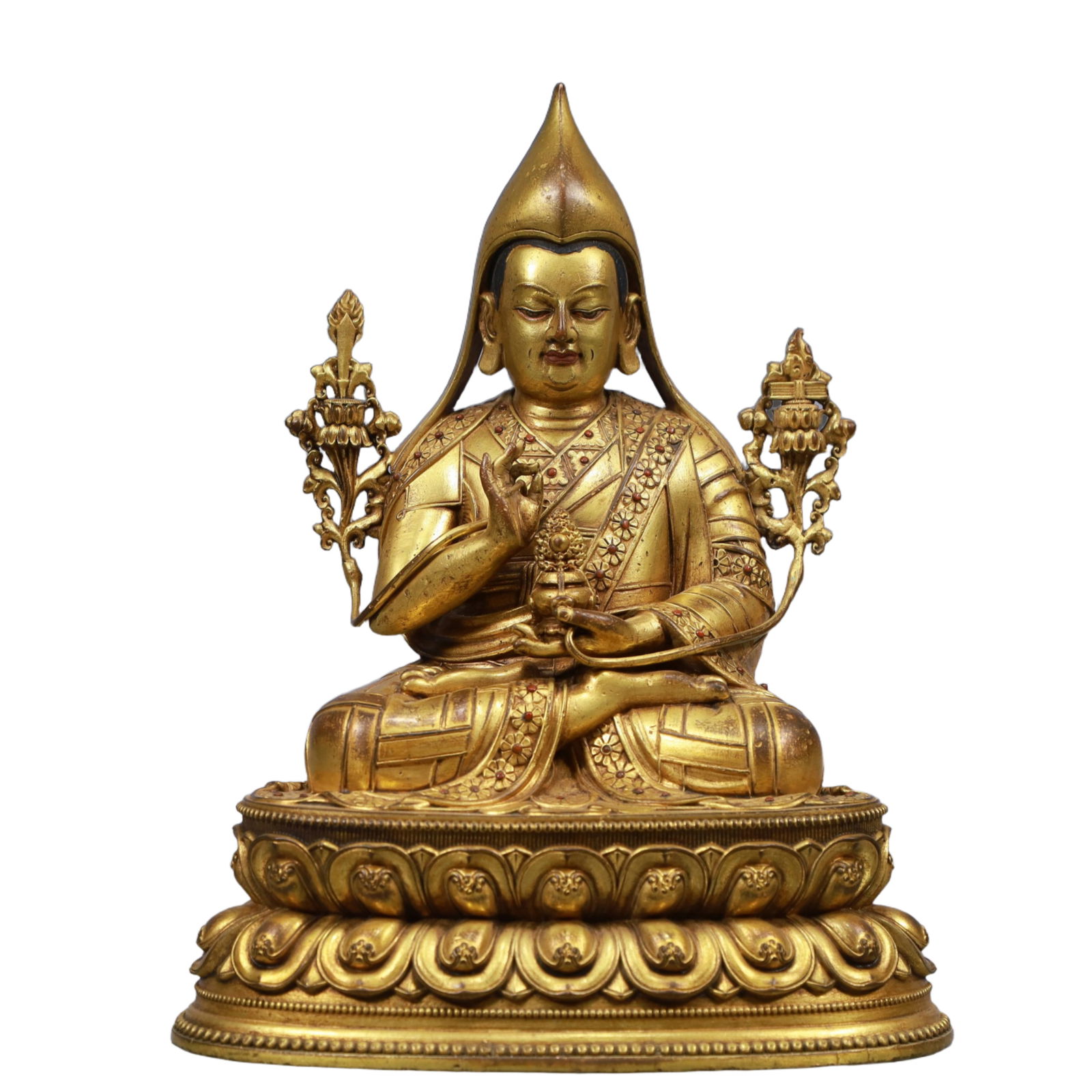 A Solemn Gilt Bronze Statue of Tsongkhapa, Inlaid Gems: A Solemn Gilt Bronze Statue of Tsongkhapa, Inlaid Gems, Qing Dynasty, China, Qianlong Mark, Size:7.1inx4.9inx9.8in, Weight:2100g 