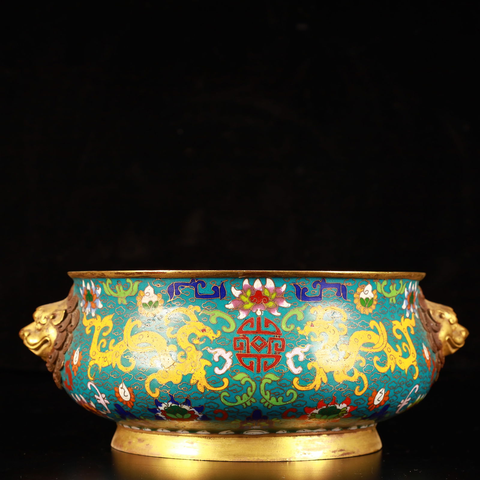 An Exquisite Cloisonne Lotus Dragon Pattern Beast-Ears Censer: An Exquisite Cloisonne Lotus Dragon Pattern Beast-Ears Censer,(A type of enamelware with metal wires separating colored glaze, originating in China),Ming Dynasty,China,Xuande Six-character