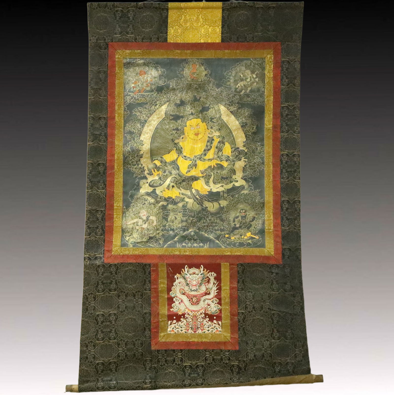 A Rare Brocade Painted Color Statue of Mammon Tangka: A Rare Brocade Painted Color Statue of Mammon Tangka,Qing Dynasty, China,Size:35.8inx60.6in 织锦彩绘财神像唐卡,中国清代