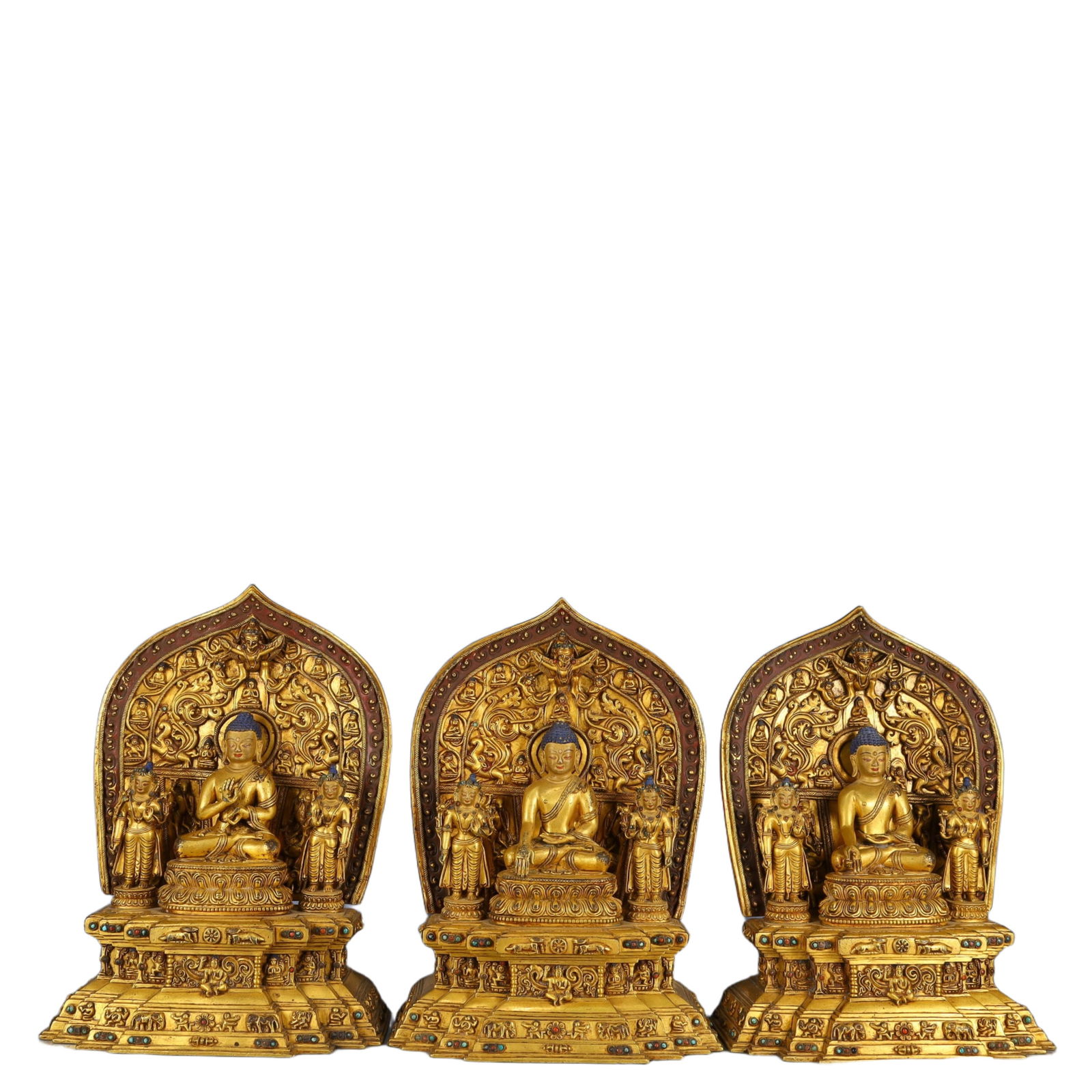A Set of Solemn Gilt Bronze Buddha Statue,Inlaid Gems and Turquoise,With Inscription (1 of 20)