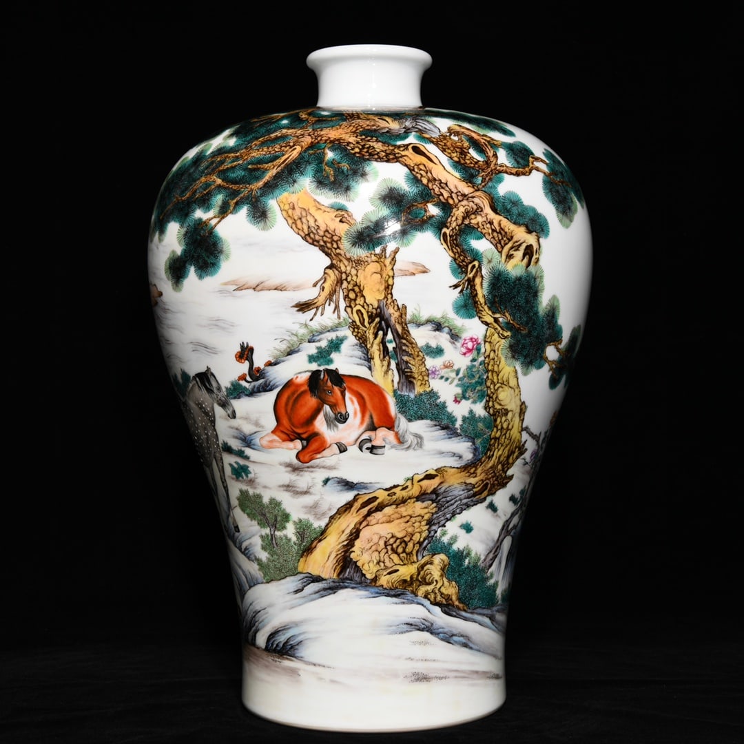 A Huge Enamel Landscape and Horse Pattern Vase,With Poem: A Huge Enamel Landscape and Horse Pattern Vase,With Poem,Qing Dynasty, China,Qianlong Four-character Mark,Size:17.3inx12.2in 