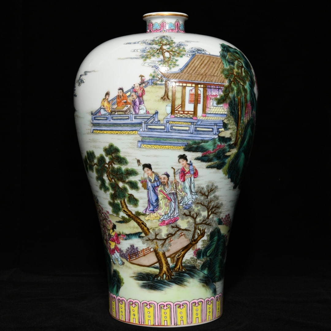 A Rare Famille-Rose Painted Gold Landscape and Figure Pattern Vase: A Rare Famille-Rose Painted Gold Landscape and Figure Pattern Vase,Qing Dynasty, China,Yongzheng Six-character Mark,Size:15inx9.8in 