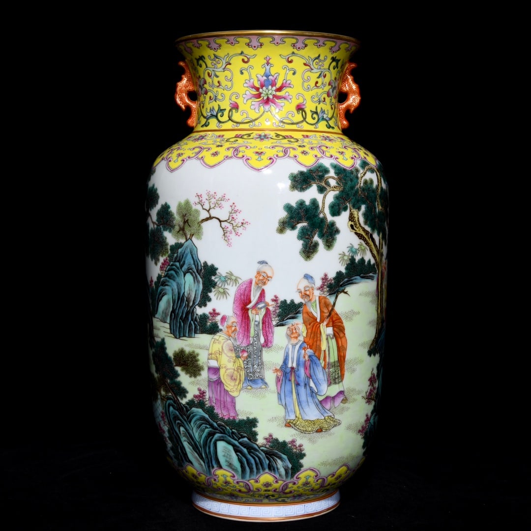 A Rare Famille-Rose Painted Gold Landscape and Figure Pattern Double-Ears Vase: A Rare Famille-Rose Painted Gold Landscape and Figure Pattern Double-Ears Vase,Qing Dynasty, China,Qianlong Six-character Mark,Size:13.6inx7.1in 粉彩描金山水人