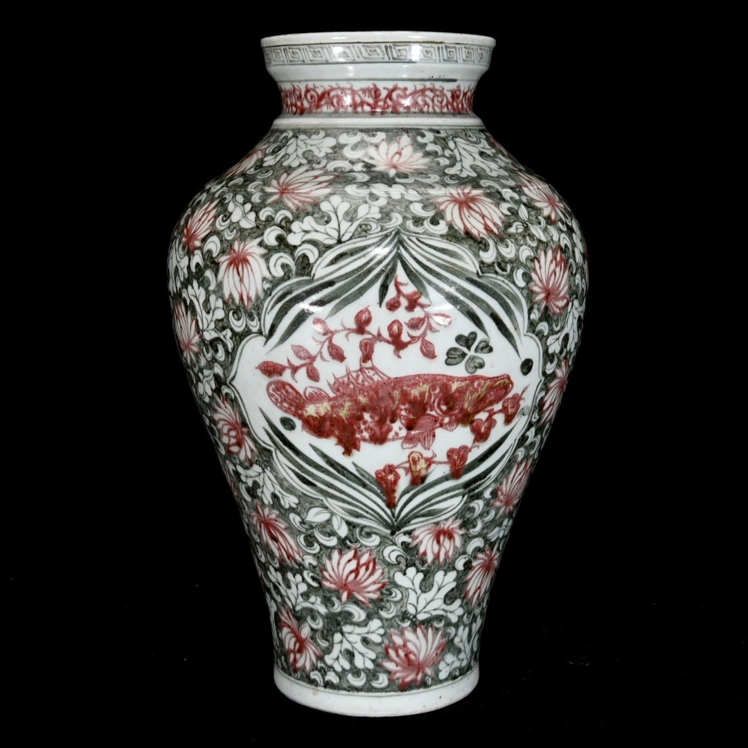 A Huge Blue and White Underglaze-Red Flower and Fish Pattern Vase (1 of 9)