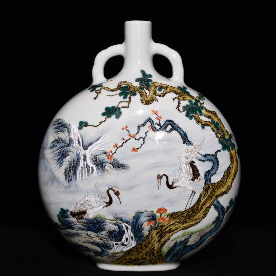 A Rare Famille-Rose Pine and Crane Pattern Double-Ears Vase,With Poem (1 of 9)