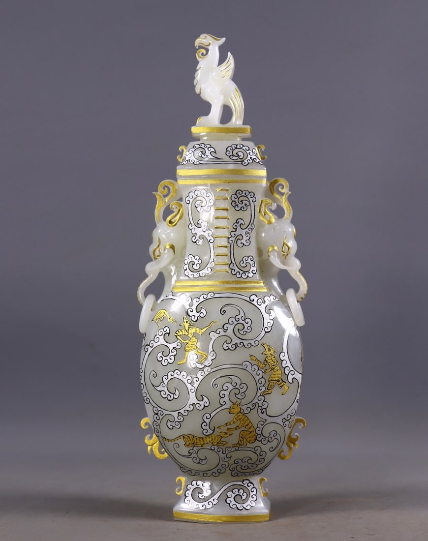 An Exquisite White Jade Gilt Painted Color Auspicious Beast Pattern Elephant-Ears Bottle: An Exquisite White Jade Gilt Painted Color Auspicious Beast Pattern Elephant-Ears Bottle,Qing Dynasty, China,Size:11inx3.5inx2.4in,Weight:1062g 白玉鎏金彩绘瑞