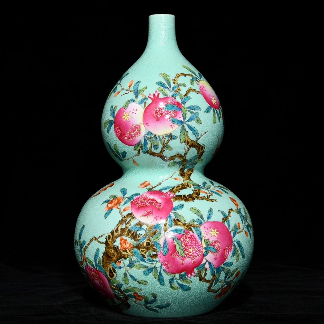 A Rare Green Glazed Bats and Pomegranate Pattern Gourd-Shaped Vase,With Poem: A Rare Green Glazed Bats and Pomegranate Pattern Gourd-Shaped Vase,With Poem,Qing Dynasty, China,Yongzheng Six-character Mark,Size:12.6inx7.9in 