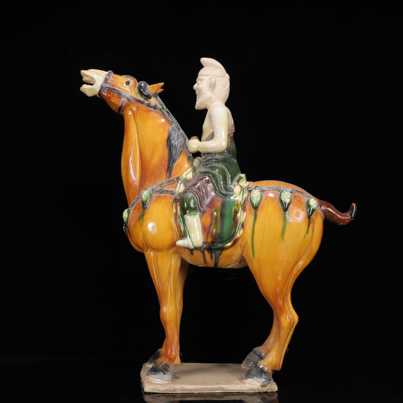 An Rare Tang Tri-Color Glazed Pottery Figure Riding Horse Ornament: An Rare Tang Tri-Color Glazed Pottery Figure Riding Horse Ornament,Tang Dynasty,China,Size:20.9inx5.9inx23.6in,Weight:7950g 