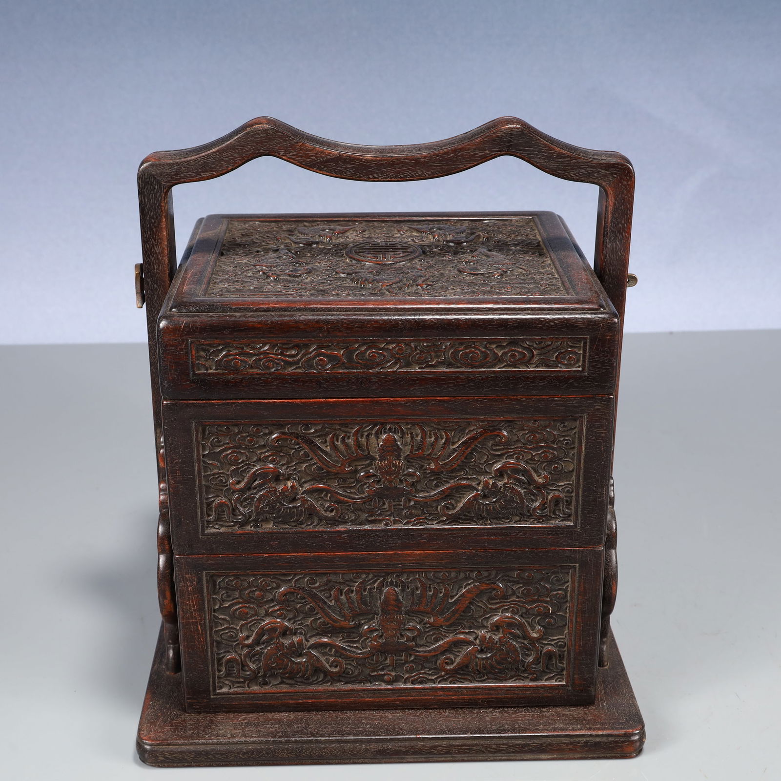 An Exquisite Zitanwood Auspicious Cloud and Dragon Pattern Lunch Box: An Exquisite Zitanwood Auspicious Cloud and Dragon Pattern Lunch Box,Qing Dynasty, China,Size:8.7inx7.5inx10.2in,Weight:1850g 