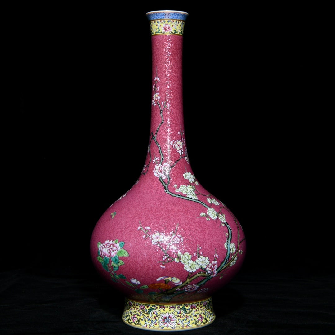 A Rare Ruby Red-Ground Enamel Painted Gold Flower Pattern Vase,With Poem: A Rare Ruby Red-Ground Enamel Painted Gold Flower Pattern Vase,With Poem,Qing Dynasty, China,Yongzheng Six-character Mark,Size:14.1inx7.1in 