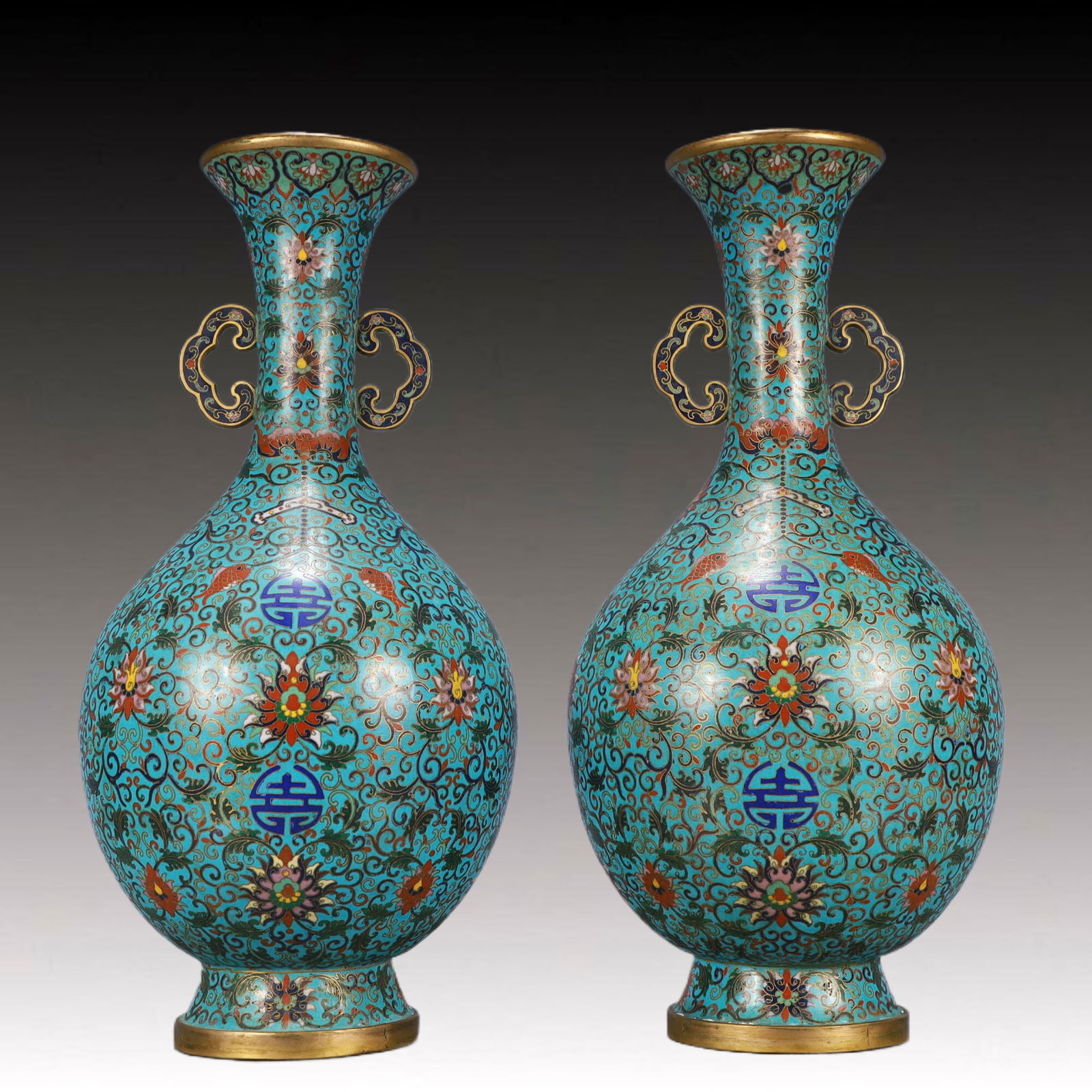 A Pair of Huge Cloisonne Lotus Pattern Double-Ears Vases (1 of 17)