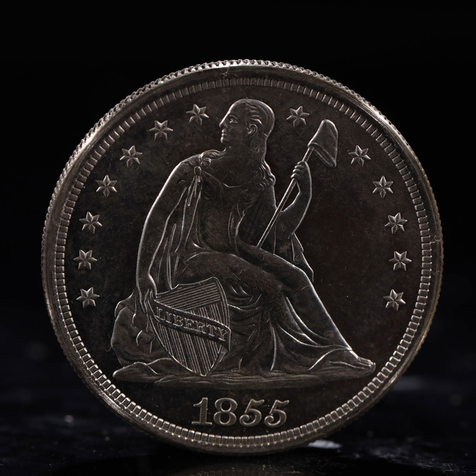 USA One Dollar 1855 Coin: American coin. IN GOD WE TRUST / LIBERTY / 1855 / UNITED STATES OF AMERICA / ONE DOL. Weight:26.9g.