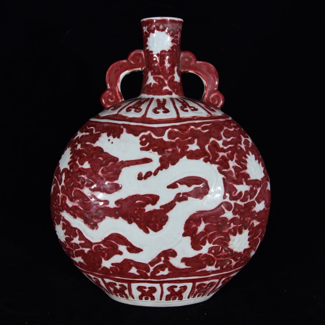 A Rare Underglaze-Red Lotus and Dragon Pattern Double-Ears Vase: A Rare Underglaze-Red Lotus and Dragon Pattern Double-Ears Vase,Ming Dynasty, China,Size:12.4inx9.1inx5.5in 