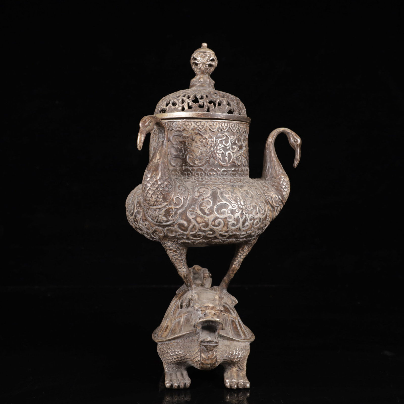 An Exquisite Silver Crane Pattern Auspicious Beast Censer - 11