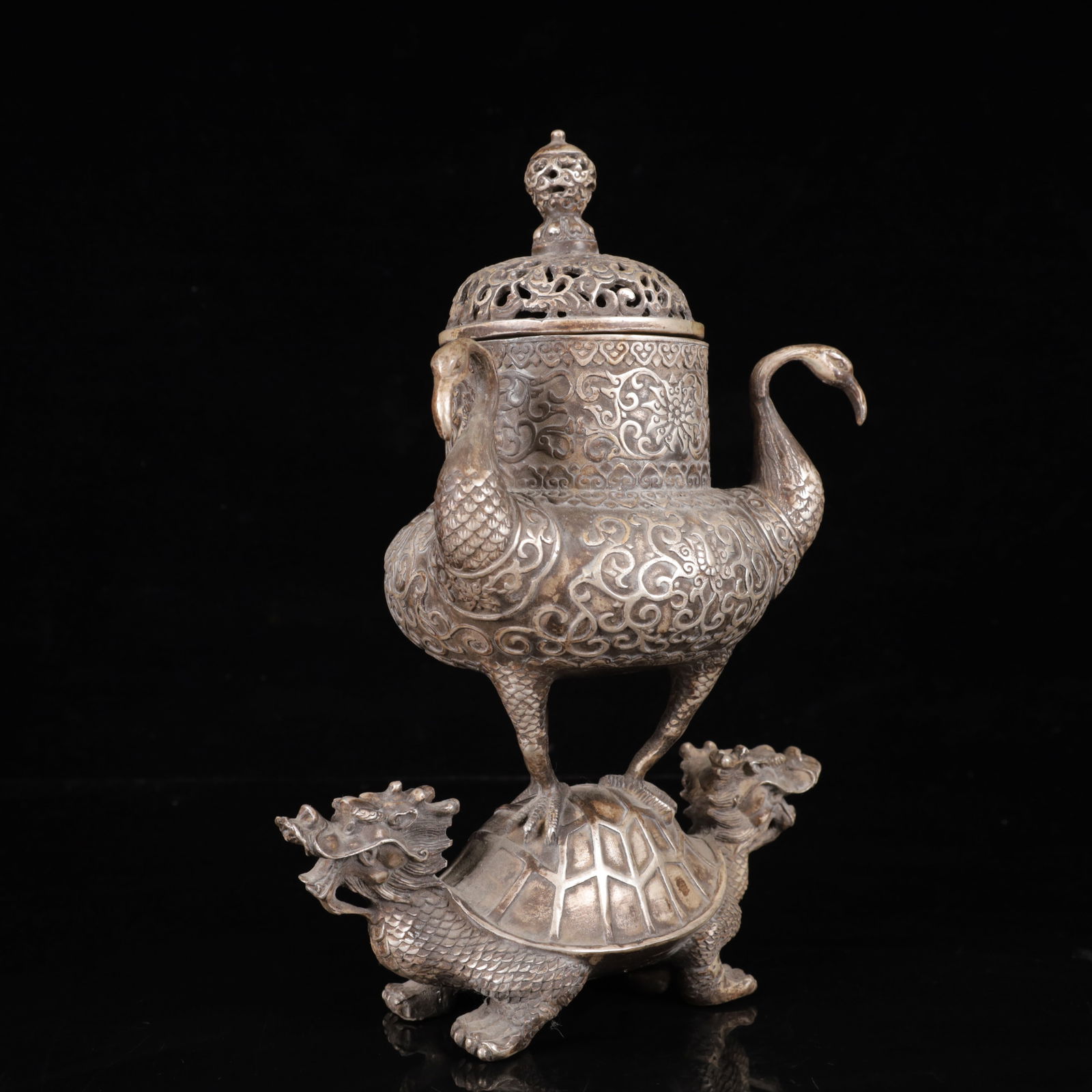 An Exquisite Silver Crane Pattern Auspicious Beast Censer - 9