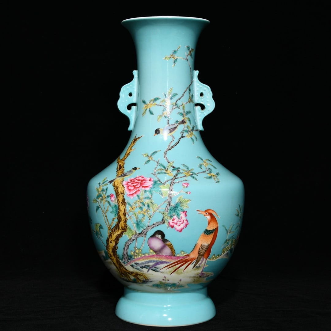 A Rare Turquoise Glazed Famille-Rose Flower and Bird Pattern Double-Ears Vase,With Poem (1 of 9)