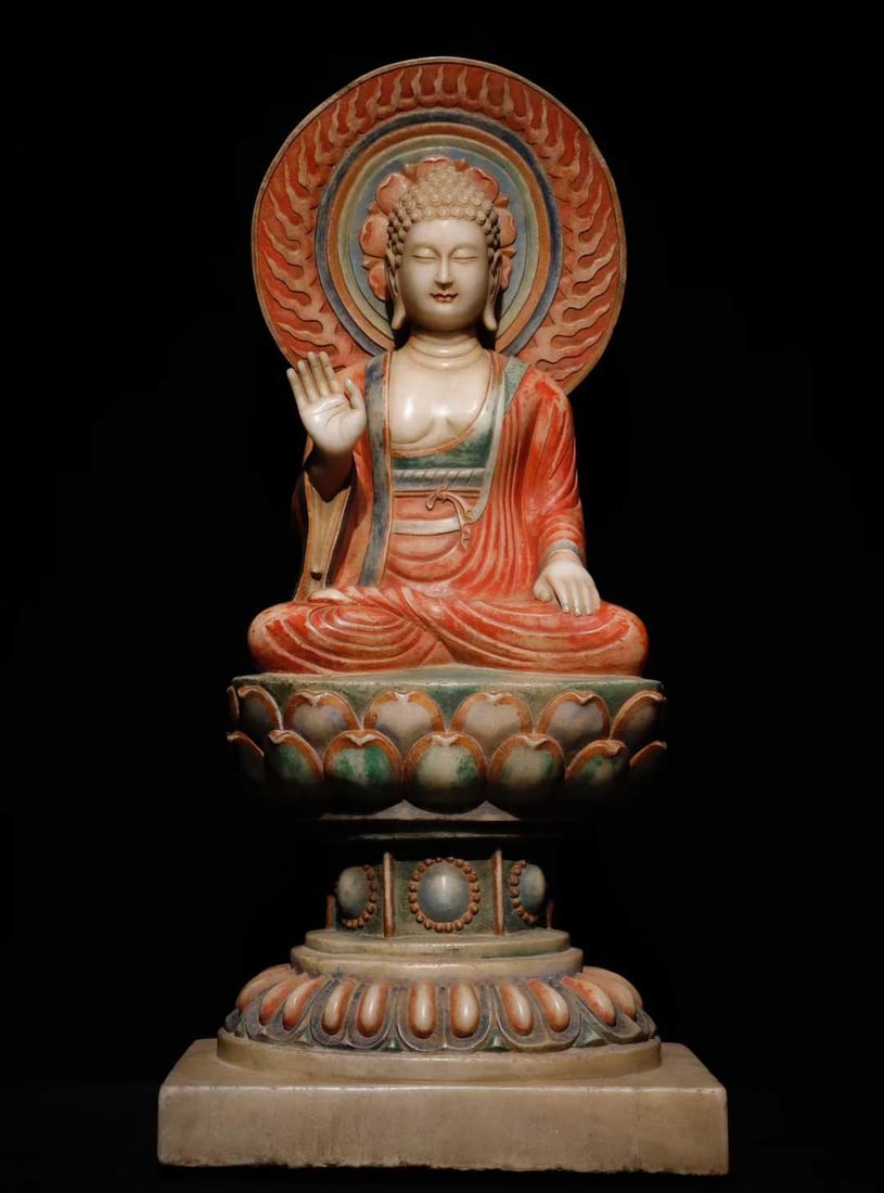 A Solemn Marble Painted Color Statue of Sakyamuni: A Solemn Marble Painted Color Statue of Sakyamuni,Tang Dynasty,China,Size:40.6inx18.5inx13.4in 