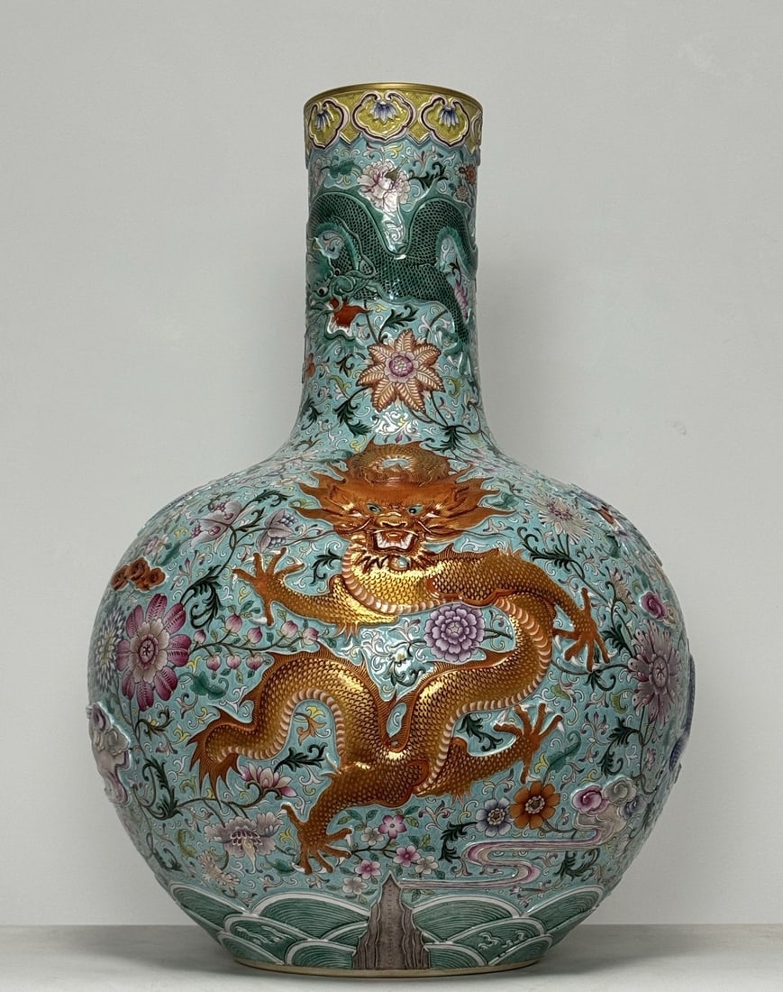 A Huge Enamel Turquoise Ground Painted Gold Lotus and Dragon Pattern Vase: A Huge Enamel Turquoise Ground Painted Gold Lotus and Dragon Pattern Vase,Qing Dynasty,China,Qianlong Six-character Mark,Size:22.4inx16.5in 