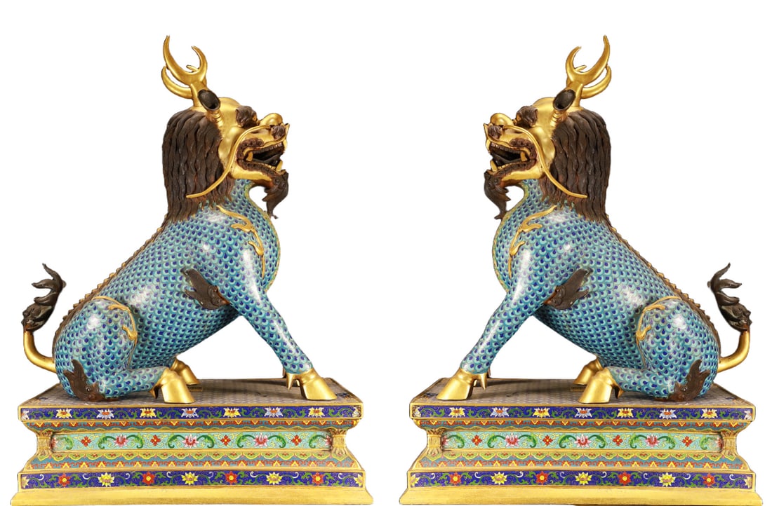 A Pair of Huge Cloisonne Lotus Pattern Kylin Ornament: A Pair of Huge Cloisonne Lotus Pattern Kylin Ornament,(A type of enamelware with metal wires separating colored glaze, originating in China),Qing Dynasty,China,Qianlong Six-character