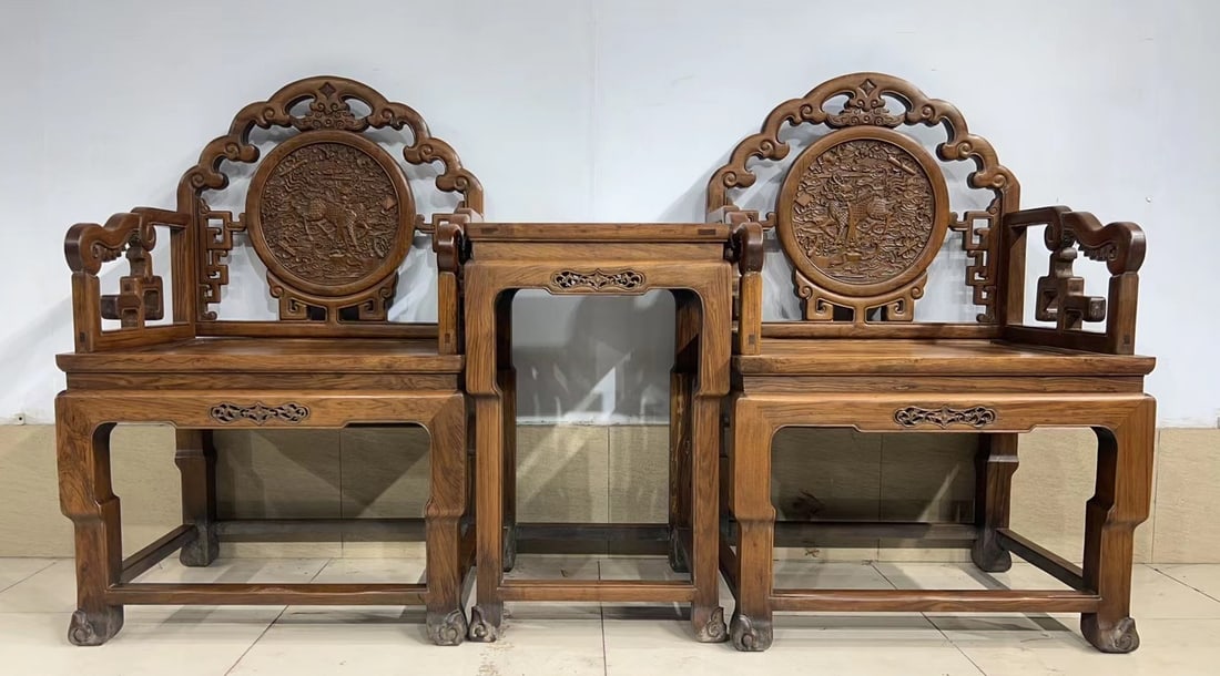 A Set of Huge Huanghuali wood Auspicious Cloud and Auspicious Beast Pattern Chairs: A Set of Huge Huanghuali wood Auspicious Cloud and Auspicious Beast Pattern Chairs,Qing Dynasty, China,Size:26.8inx18.1inx38.6in 