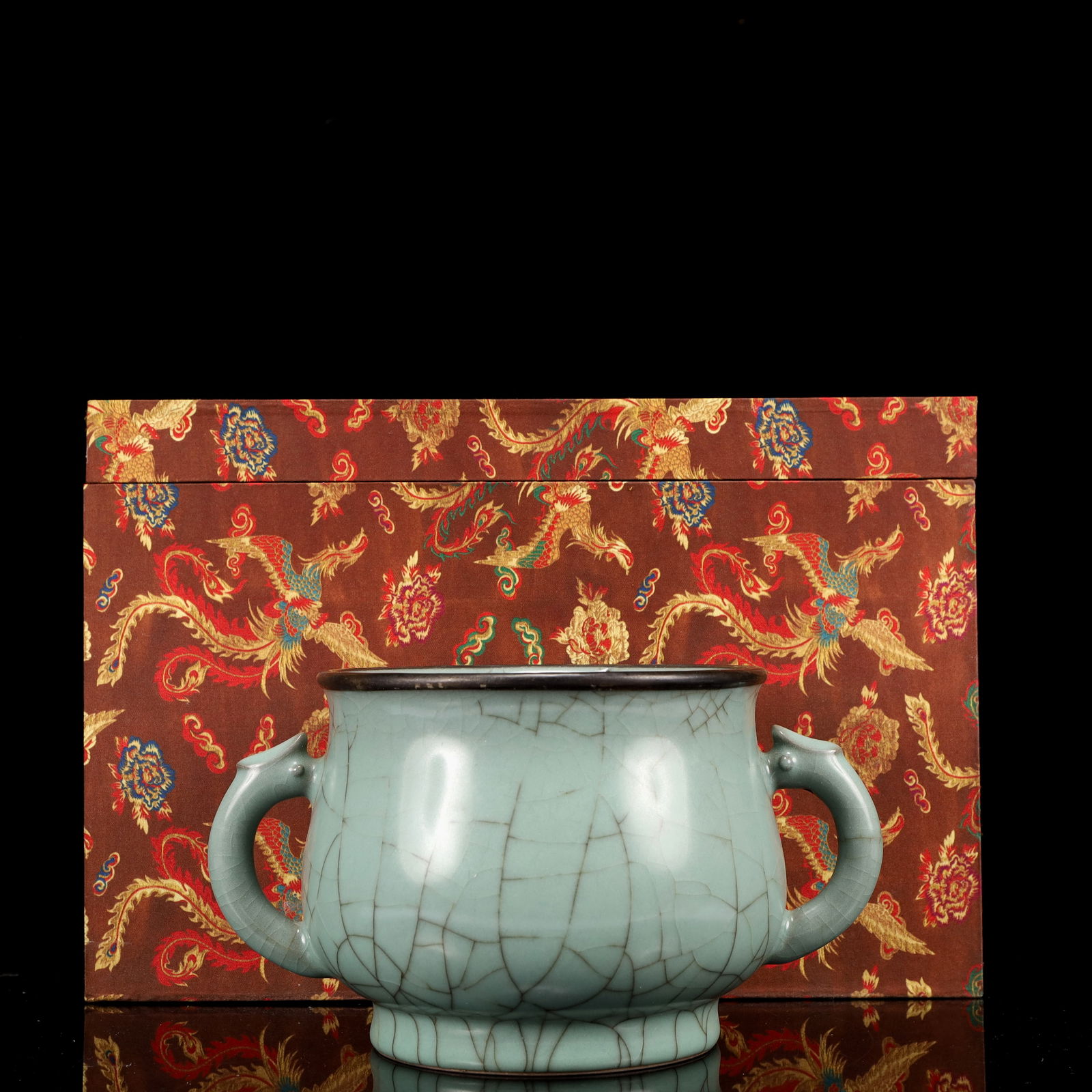 An Exquisite Sky Blue Glazed Double-Ears Censer,with an Imperial Poem by Emperor Qianlong: An Exquisite Sky Blue Glazed Double-Ears Censer,with an Imperial Poem by Emperor Qianlong,Qing Dynasty, China,Size:8.7inx5.9inx4.7in 