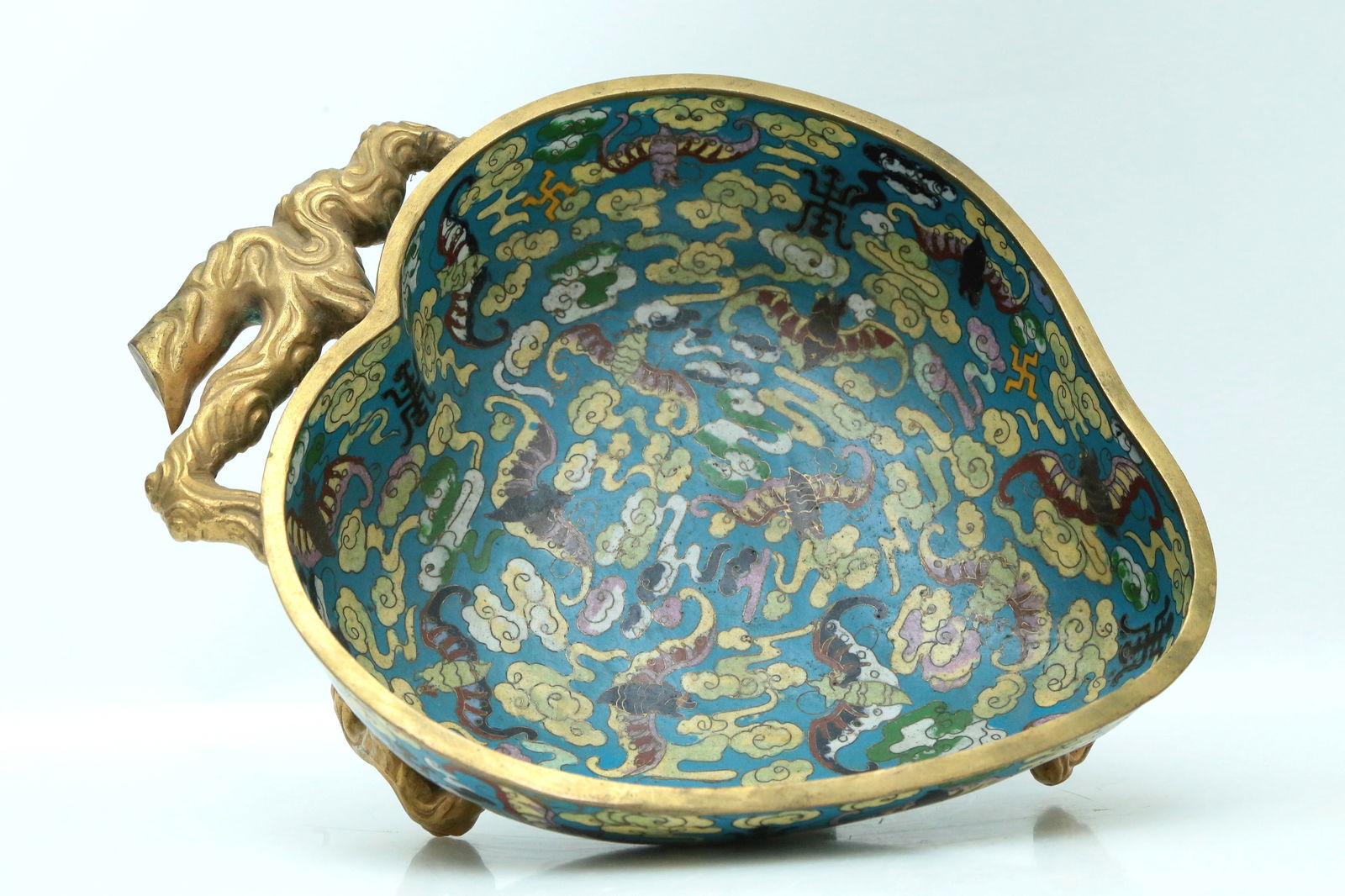 A Fine Cloisonne 'Bat& Auspicious Cloud' Peach-Form Brushwasher: A Fine Cloisonne 'Bat& Auspicious Cloud' Peach-Form Brushwasher. Enameled with polychrome bats and dense clouds, all reserved on a bright turquoise ground. Chinese Qing Dynasty.