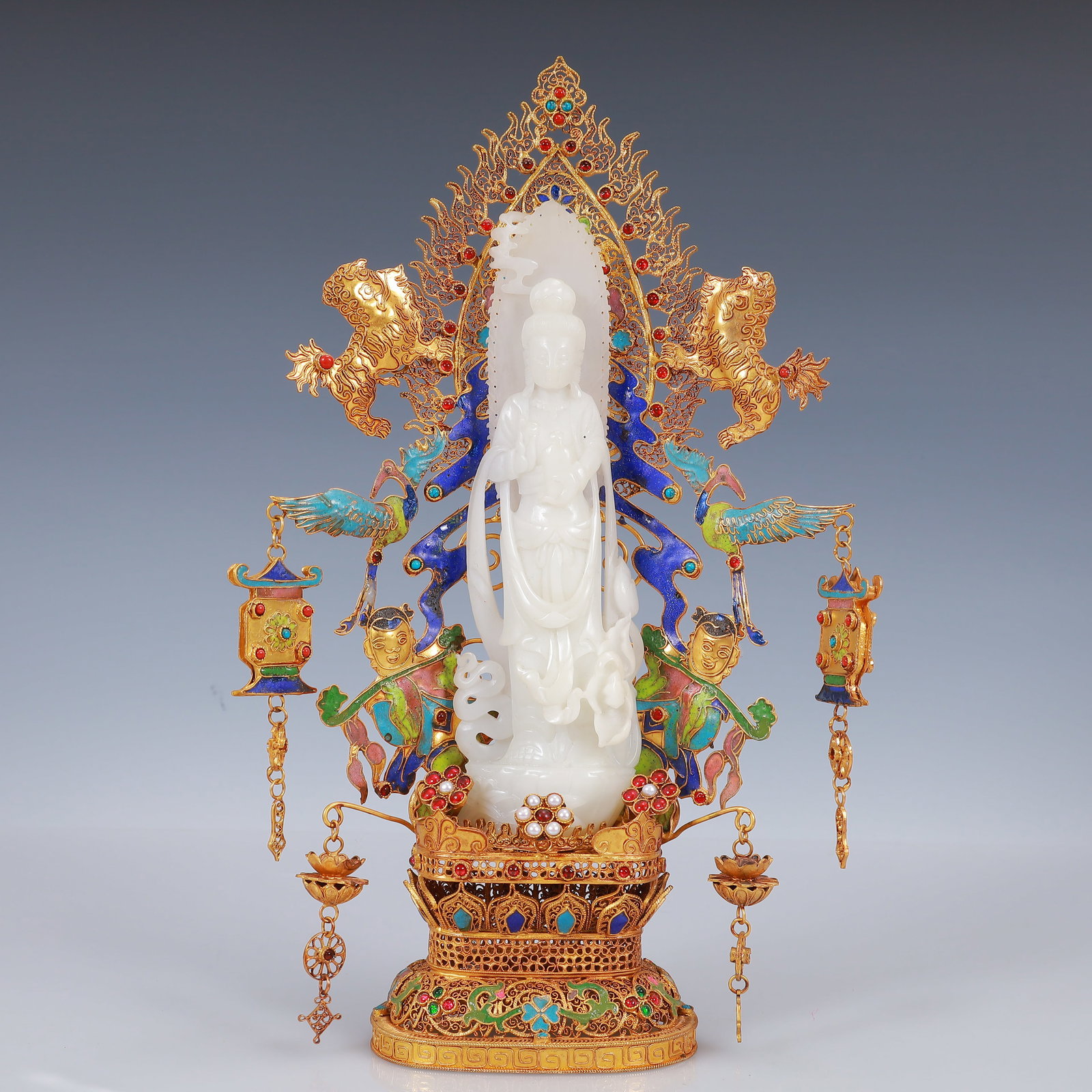 An Exquisite Filigree and Gilding Inlaid White Jade Statue of Avalokitesvara,Inlaid Gems (1 of 12)