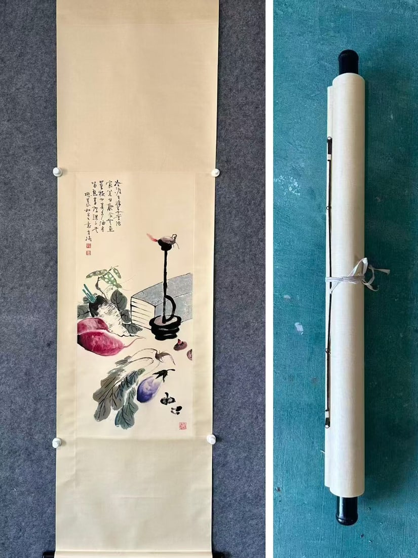 A Chinese Vertical Scroll Ink Painting of Vegetables on Paper,Wang Xuetao (1 of 8)